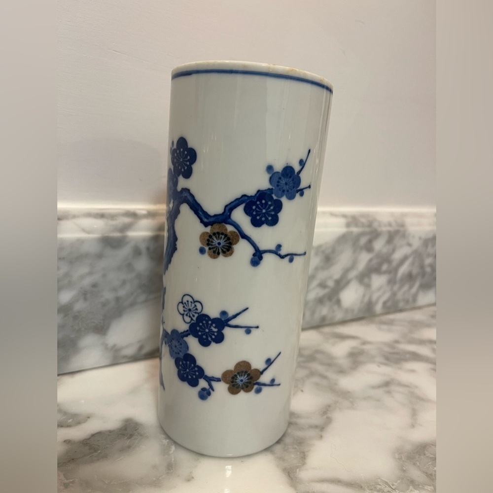 Chinese Porcelain Ceramic Blue White Plum Blossoms Vase Brush Pot 7” T - Picture 6 of 12